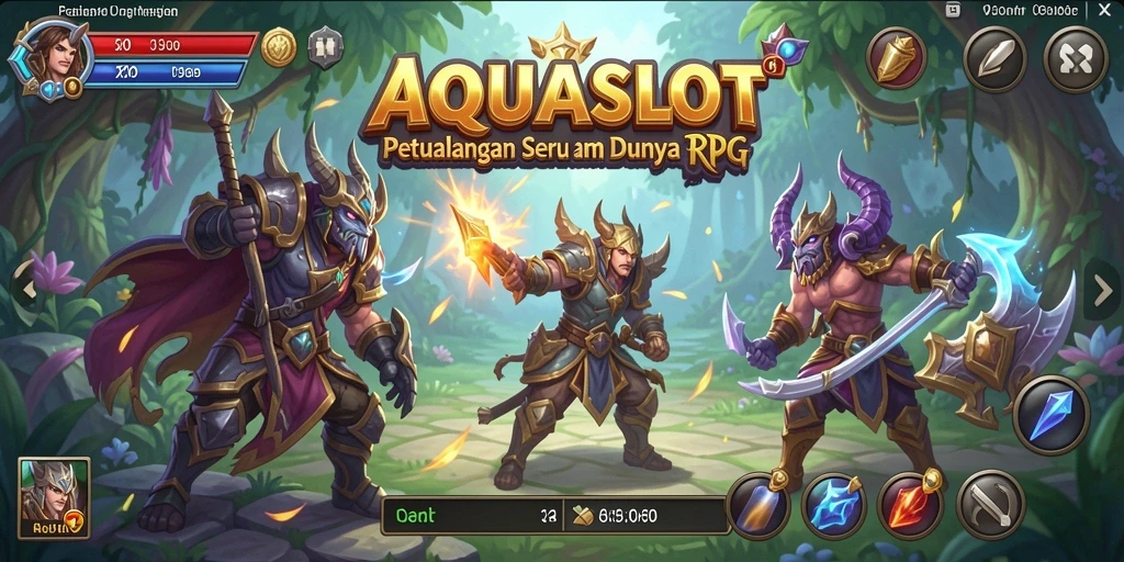 Screenshot AQUASLOT menunjukkan aksi pertarungan karakter dalam dunia RPG yang epik.