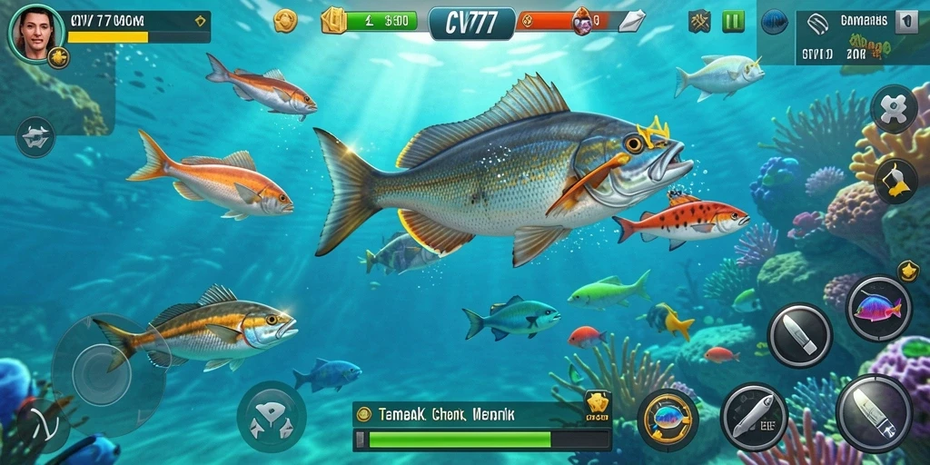 Screenshot CV777 menunjukkan aksi seru menangkap ikan di dalam game.