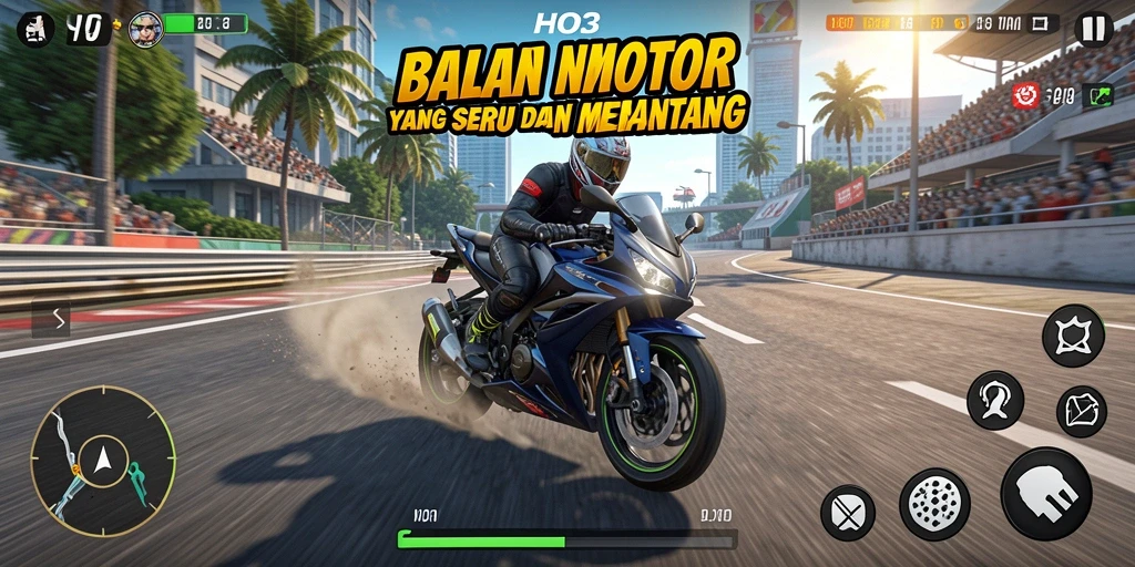 Screenshot gameplay HO3 memperlihatkan aksi balapan yang mendebarkan dan motor yang bertenaga.