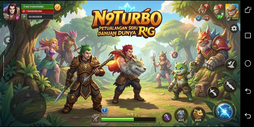 Tampilan layar permainan N9TURBO yang menampilkan aksi pertempuran RPG.