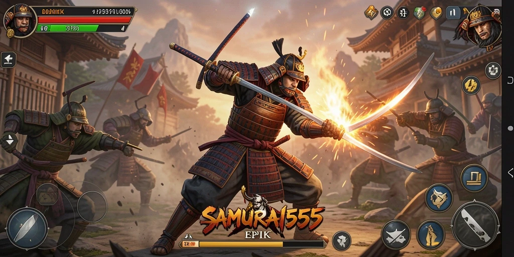 Gameplay seru dari SAMURAI555 yang menampilkan pertarungan samurai.