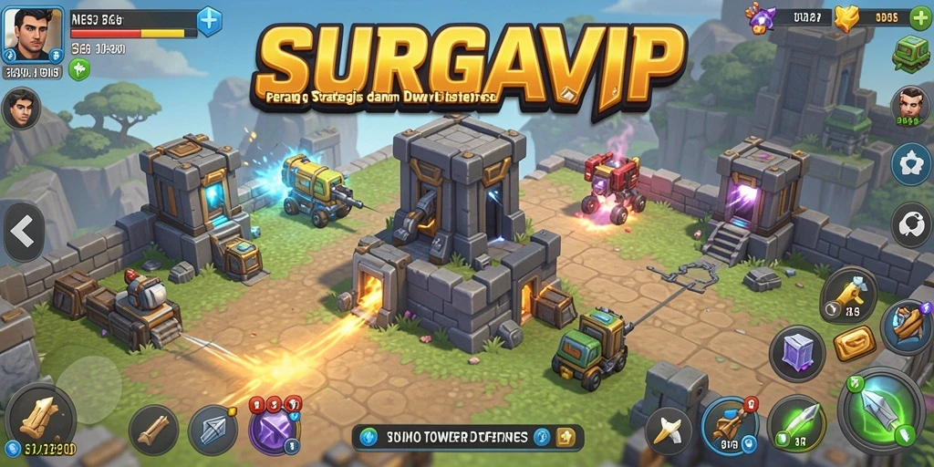 Screenshot gameplay SURGAVIP yang menunjukkan pertahanan strategis Tower Defense.